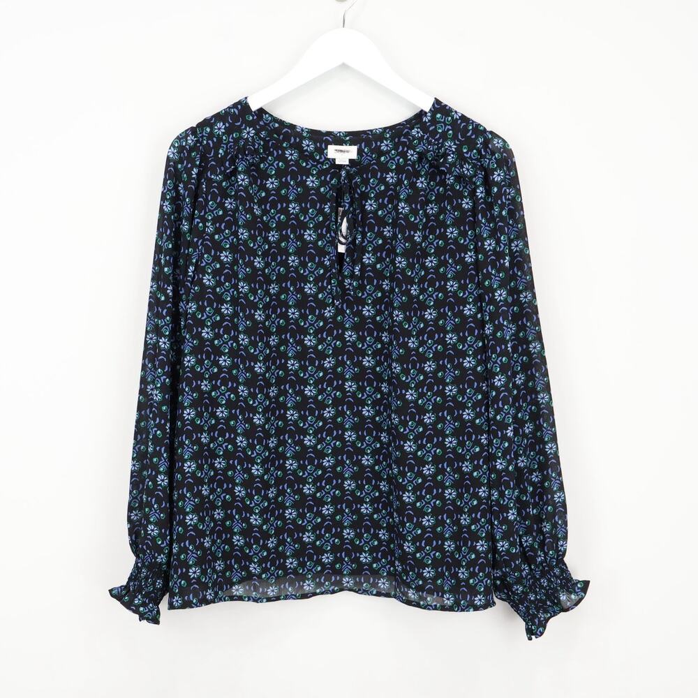 J.Crew Factory Tie-Front Long Sleeve Top Black Blue Size XL NWT